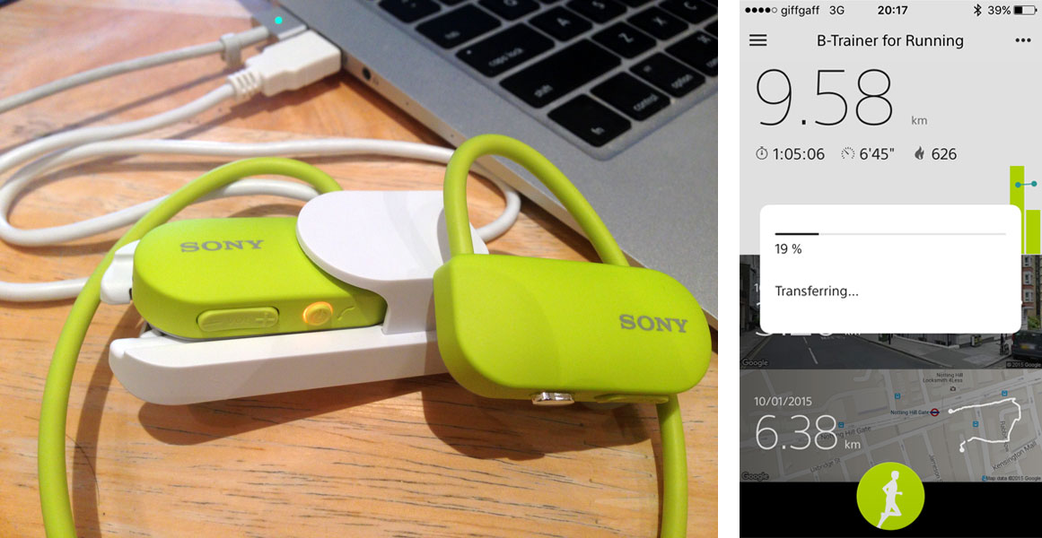 The device in the charging dock, also used to load music (left). After each run, data can be transferred and synced with the app wirelessly (right).