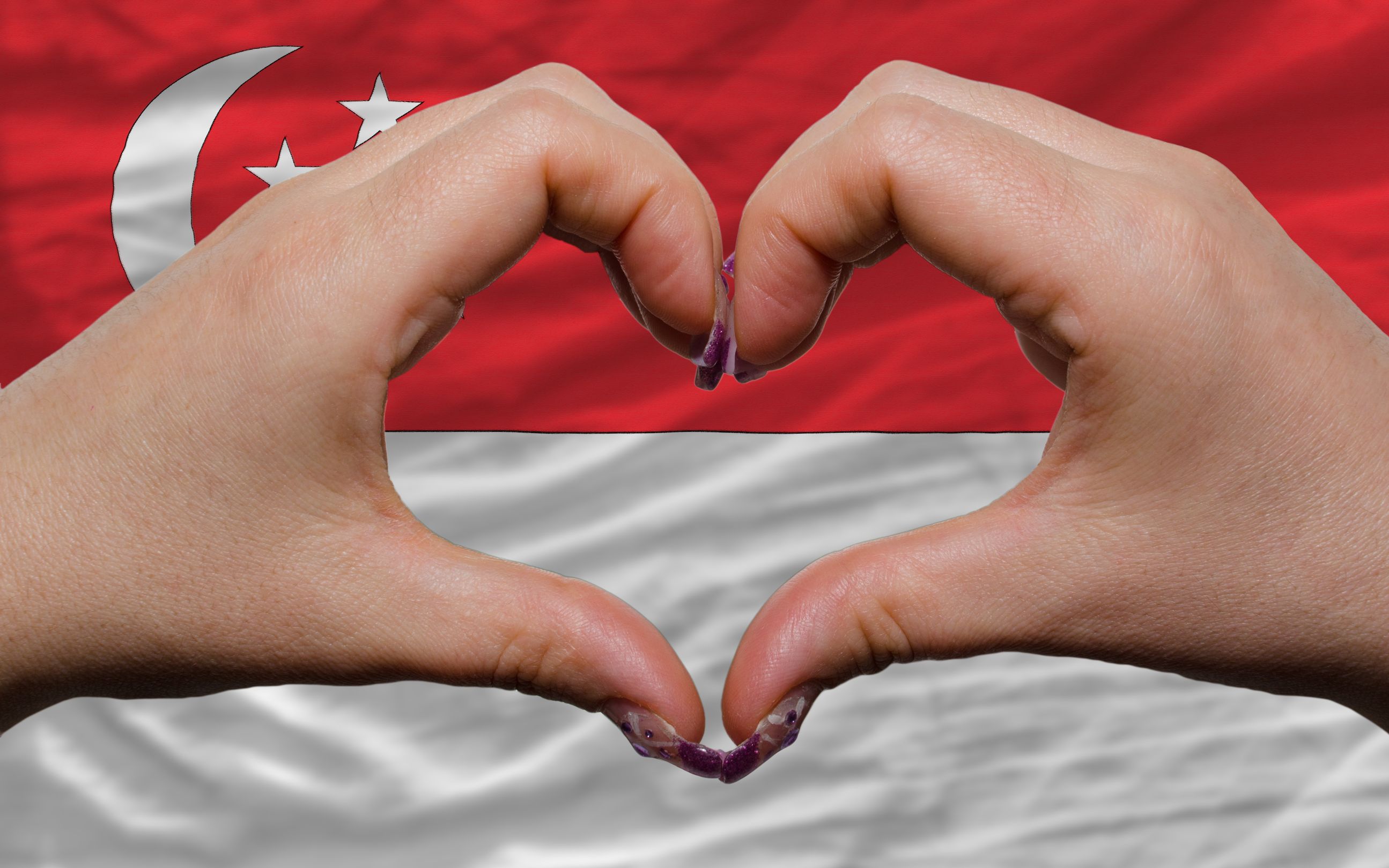 12478749 - gesture made by hands showing symbol of heart and love over national singapore flag