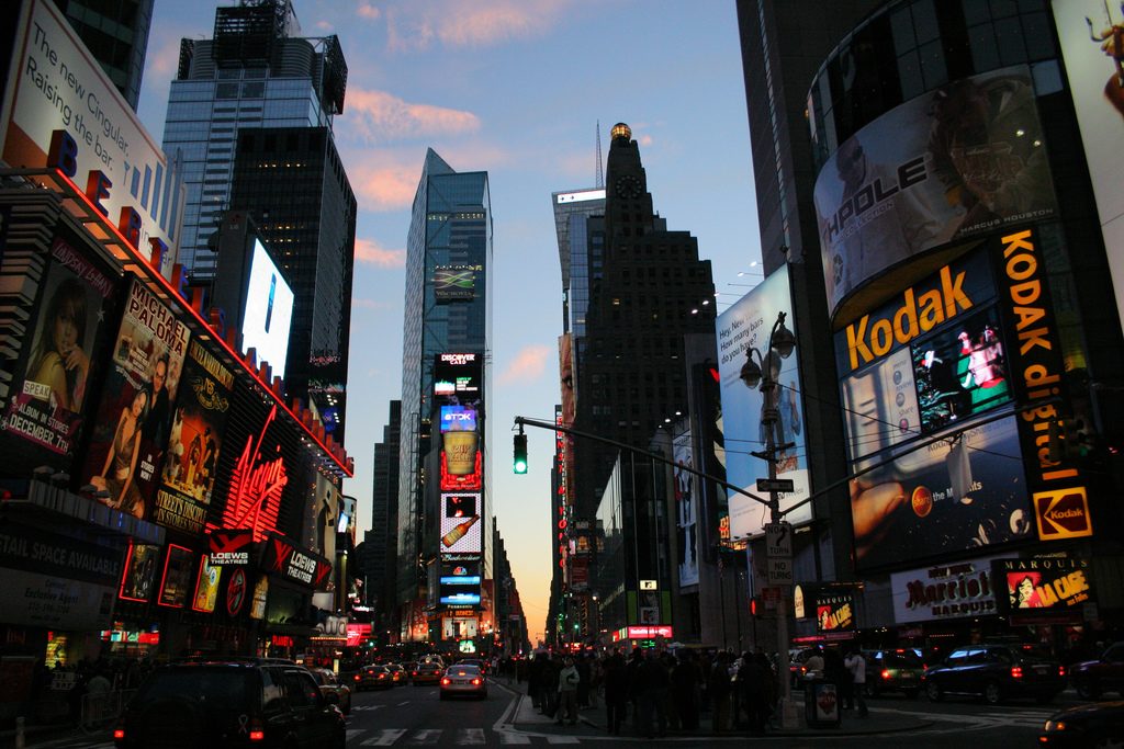 Times Square at dusk.